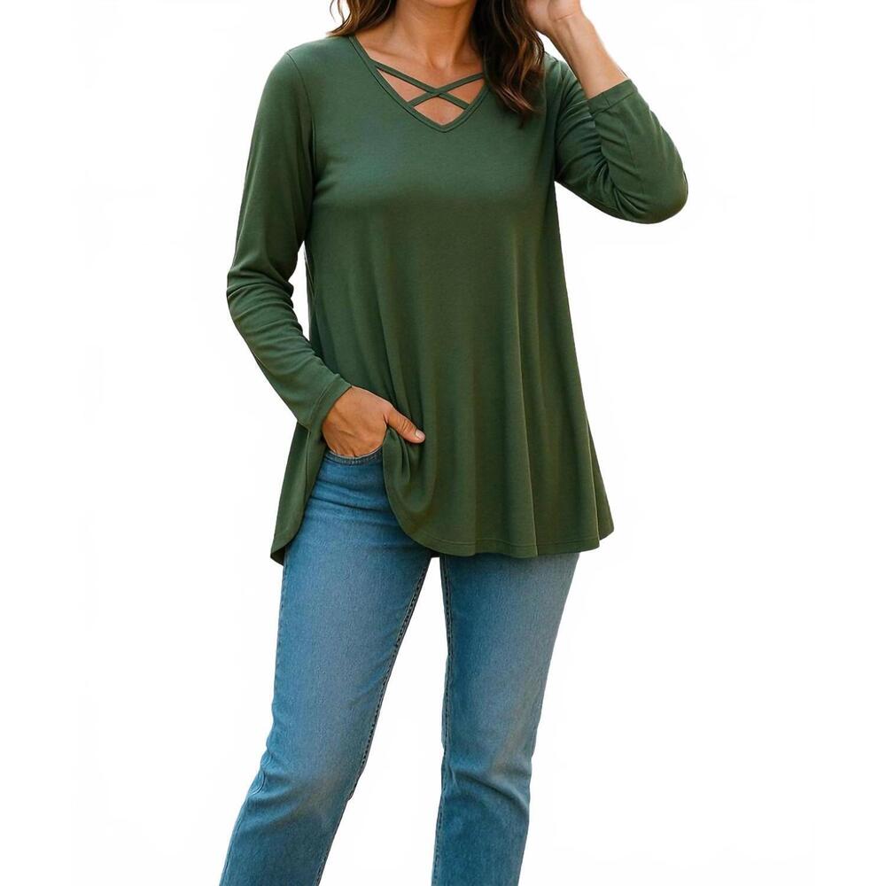 NEW COLORBEAR long sleeve top with criss cross front in olive solid